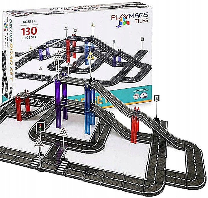 KLOCKI MAGNETYCZNE TOR SAMOCHODOWY DROGA ZNAKI DLA DZIECI PLAYMAGS 130 EL