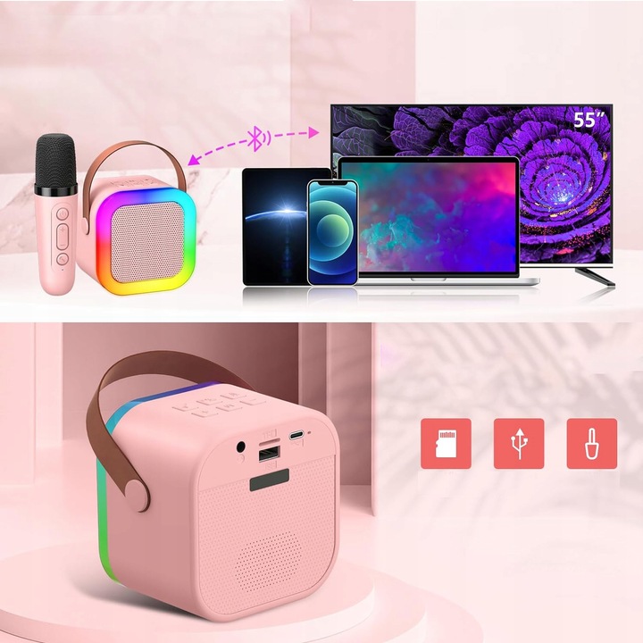 URZĄDZENIE ZESTAW DO KARAOKE, 2 MIKROFONY, GŁOŚNIK BLUETOOTH Z 3 TRYBY LED