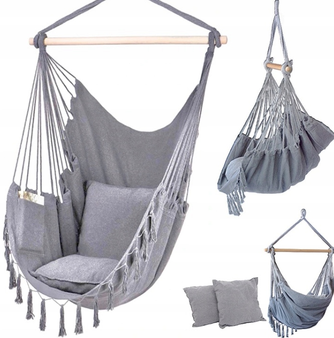 KRZESŁO BRAZYLIJSKIE FOTEL WISZĄCY HAMAK HUŚTAWKA JASNY SZARY Z PODUSZKAMI