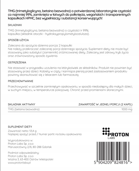 PROTON LABS TMG 90 vege kapsułek Czysta Betaina bezwodna 99,7%+