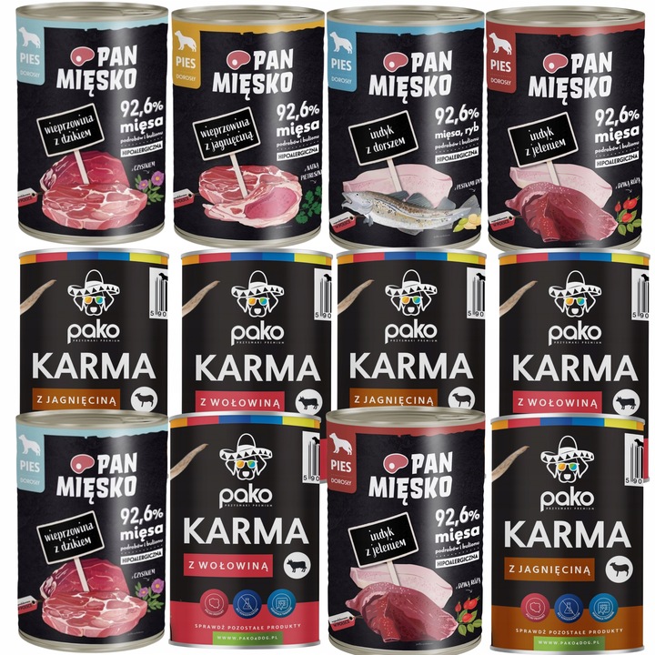 PAN MIĘSKO PAKO MIX KARMA MOKRA DLA PSA MIX 6 SMAKÓW PUSZKA 12 X 400 G