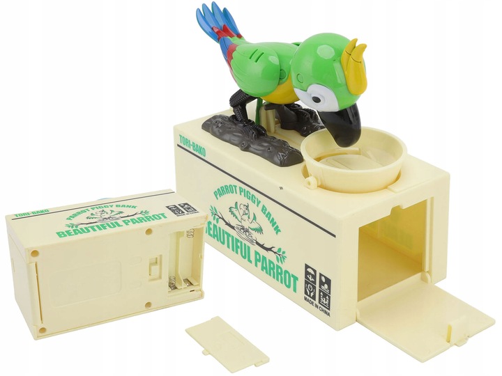 SKARBONKA INTERAKTYWNA AUTOMAT ZJADA MONETY PAPUGA ZŁODZIEJASZEK MONET