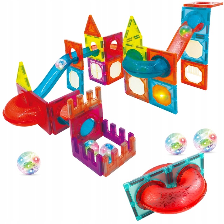 KLOCKI MAGNETYCZNE EDUKACYJNE DUŻE PŁYTKI TOR KULKOWY ZESTAW 76 ELEMENTÓW