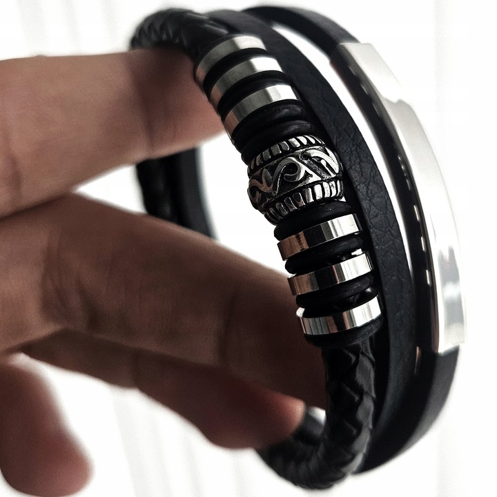 BRANSOLETKA MĘSKA SKÓRZANA SKÓRA GRAWER GRATIS SREBRNA REGULOWANA 21-24CM!