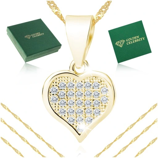PIĘKNY ZŁOTY ŁAŃCUSZEK DAMSKI Z SERDUSZKIEM Z CYRKONIAMI + RÓŻA WIECZNA LED