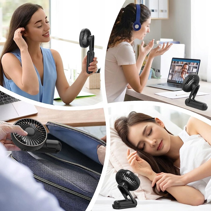 WENTYLATOR RĘCZNY MINI SKŁADANY 5 PRĘDKOŚCI NAWIEWU I 180° PRZENOŚNY CZARNY