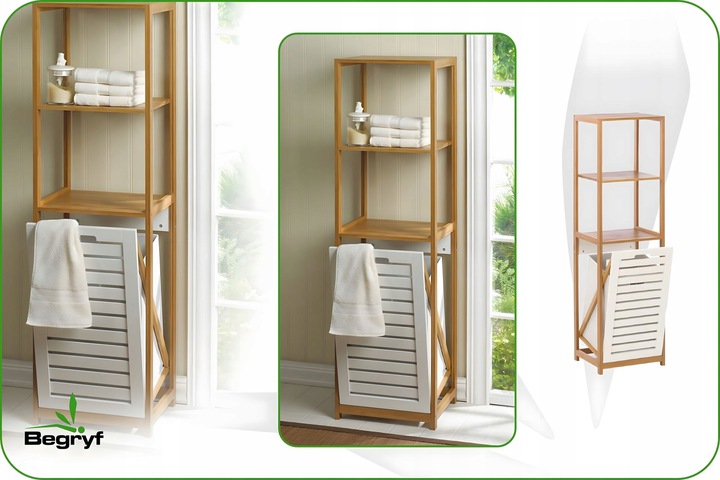 KOSZ NA PRANIE wąski REGAŁ bambusowy do ŁAZIENKI wysuwany PÓŁKI bambus loft