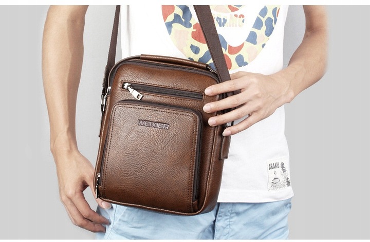 SASZETKA MĘSKA SKÓRZANA TORBA NA RAMIĘ DO RĘKI BRĄZ Z KIESZENIĄ