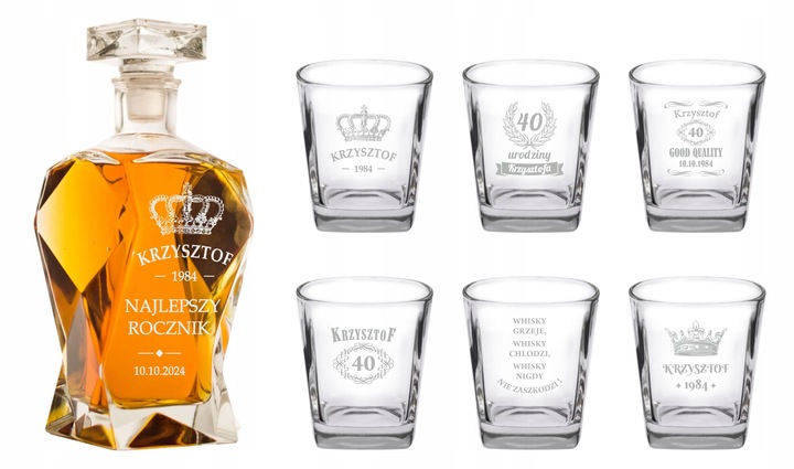 KARAFKA DO WHISKY Z GRAWEREM 6 SZKLANEK URODZINY ŚLUB KAWALERSKI ŚWIADEK