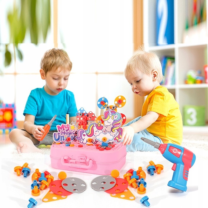 KLOCKI 3D JEDNOROŻEC Konstrukcyjne wkrętarka walizka układanka + BATERIE