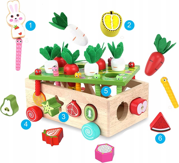 Montessori Sorter Klocków Złap Robaczka Układanka Drewniany Wózek Marchewki
