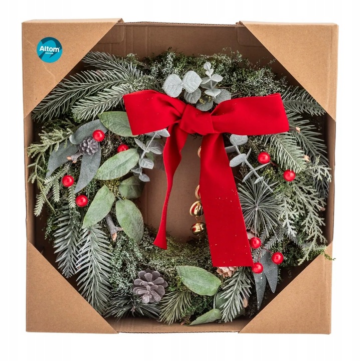 Wianek na drzwi świąteczny z czerwoną kokardą wieniec Altom Design 32 cm