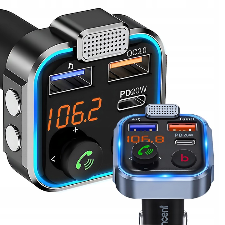 TRANSMITER BLUETOOTH AUDIO FM MP3 BT SZYBKA ŁADOWARKA 3X USB QC 3.0 RGB