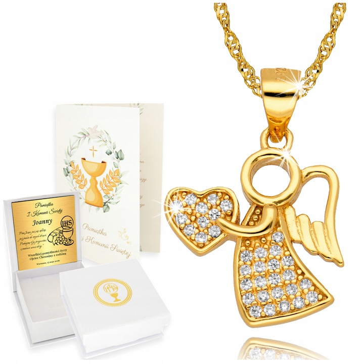 Złoty Łańcuszek 925 Medalik Aniołek z Sercem Chrzest Komunia Grawer