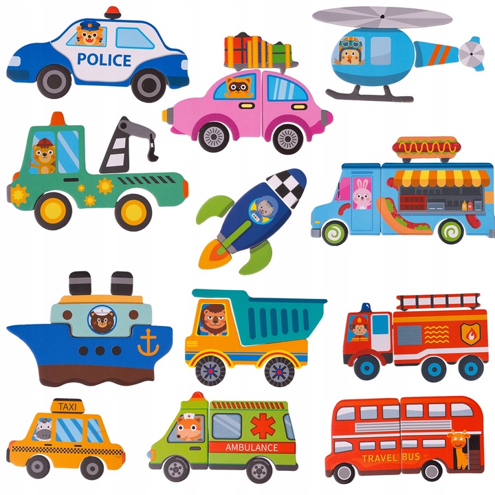 UKŁADANKA MAGNETYCZNA KSIĄŻECZKA PUZZLE POJAZDY 12 NA MAGNES 65 ELEMENTÓW