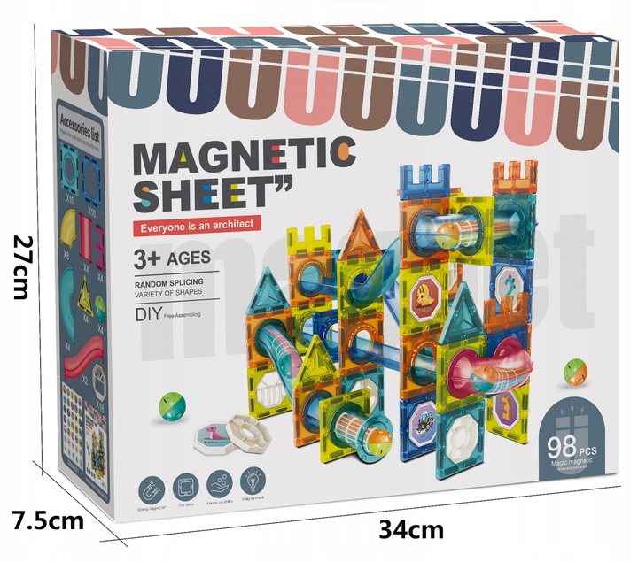 Klocki magnetyczne konstrukcyjne zestaw tor kulkowy XXL 98 elementów