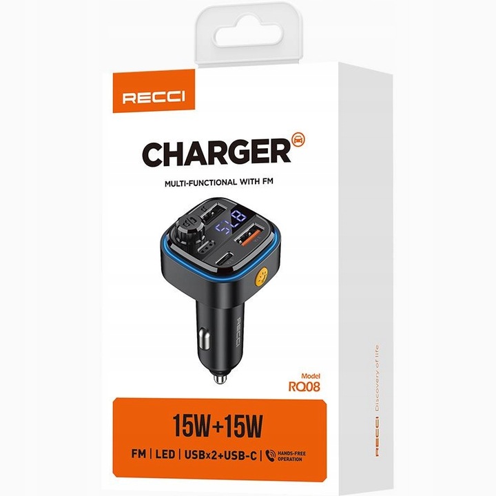 TRANSMITER SAMOCHODOWY FM BLUETOOTH LED USB i USB-C QC 3.1A RECCI