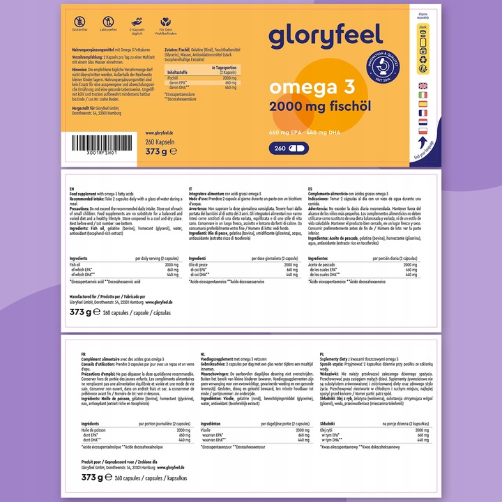 OMEGA 3 DHA EPA W WYSOKICH DAWKACH 2000mg na 260 kapsułek gloryfeel