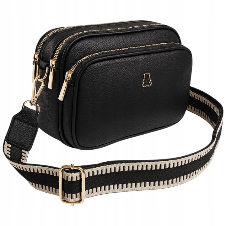 Torebka Damska Listonoszka Czarna, 3 Komory Skóra Eko Szeroki Wygodny Pasek