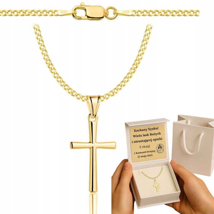 ZŁOTY ŁAŃCUSZEK NA CHRZEST CHRZCINY Z KRZYŻYKIEM PR 925 585 GRAWER PAMIĄTKA