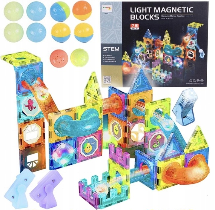 KLOCKI MAGNETYCZNE ŚWIECĄCE STEM 75 ELEMENTÓW TOR KULKOWY LED3+ MAGNA TILES