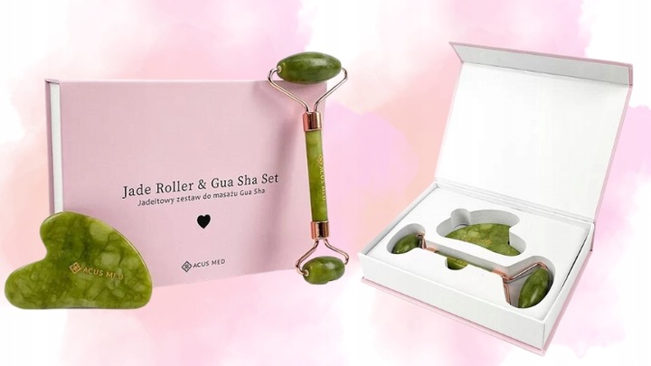 WAŁEK JADEITOWY DO TWARZY ROLLER + PŁYTKA GUA SHA ZESTAW PREZENT ACUS MED