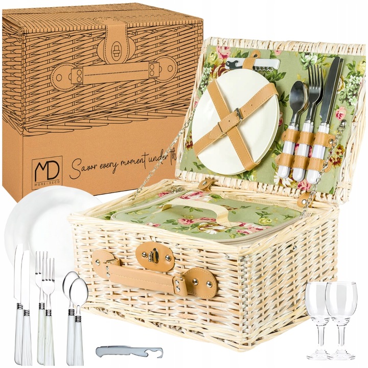 Kosz piknikowy z wikliny termotorba sztućce dla 2 osób praktyczny prezent