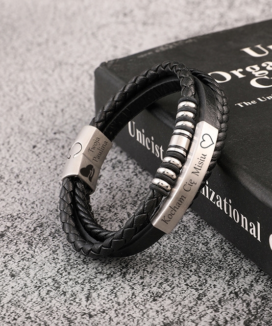 Bransoletka OJCA syna męska skórzana KOLUSZKA srebrne z grawerem PREZENT