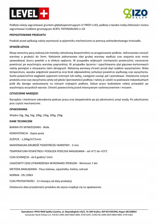 Gotowa Gładź Szpachlowa Super Biała 25kg Level+14