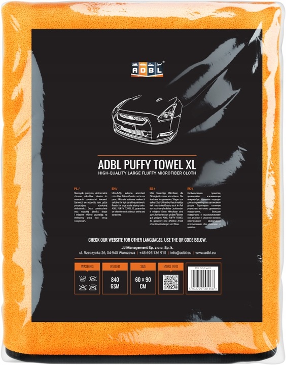 ADBL Puffy Towel XL 90x60 Gruby Ręcznik Do Osuszania Auta Lakieru Karoserii