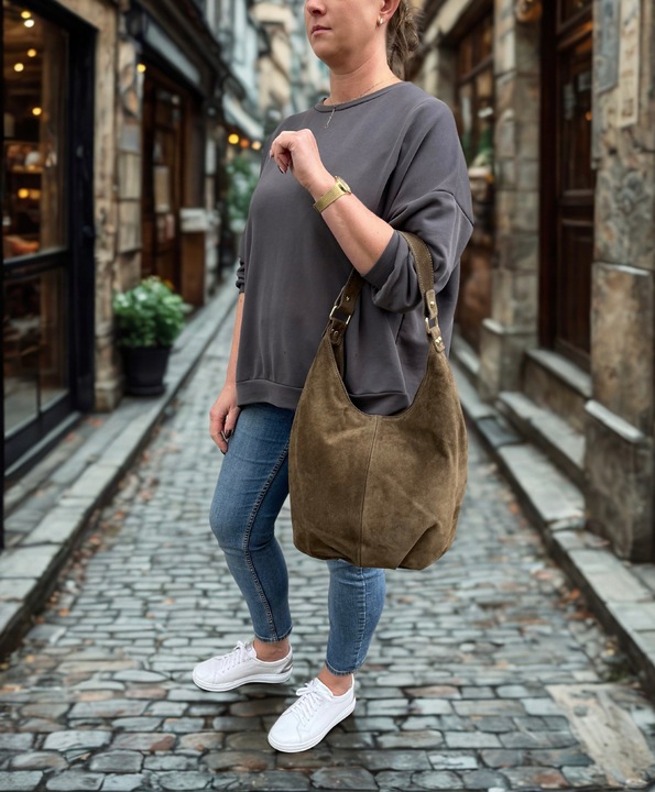 TAUPE ZAMSZOWA TOREBKA WOREK CAPPUCCINO TOREBKA ZAMSZ NATURALNY FANGO ZAMEK