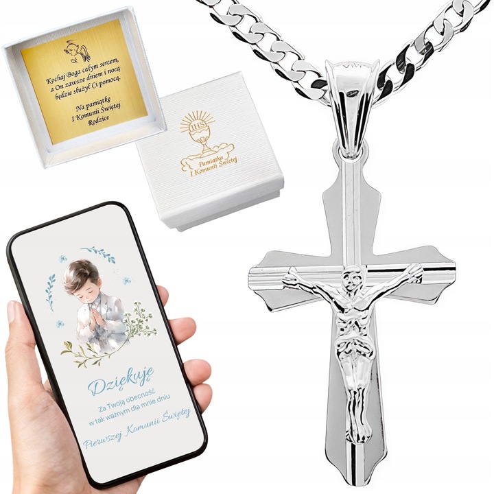 Łańcuszek srebrny pancerka 45cm 925 z krzyżykiem idealny prezent na komunię