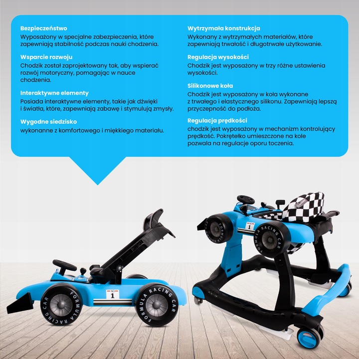 Interaktywny Chodzik jeździk pchacz Wyścigówka Formuła 1 3w1 niebieski
