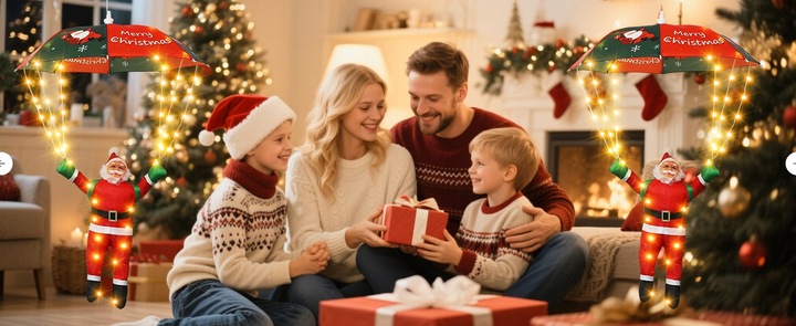 Mikołaj Ze Spadochronem LED 60cm Ozdoba Świąteczna 8 Trybów Dekoracja