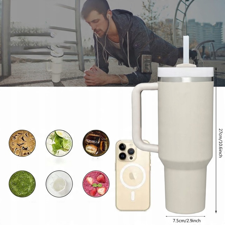 DUŻY KUBEK TERMICZNY ZE SŁOMKĄ DO SAMOCHODU PRZENOŚNY 1180ML BEŻOWY