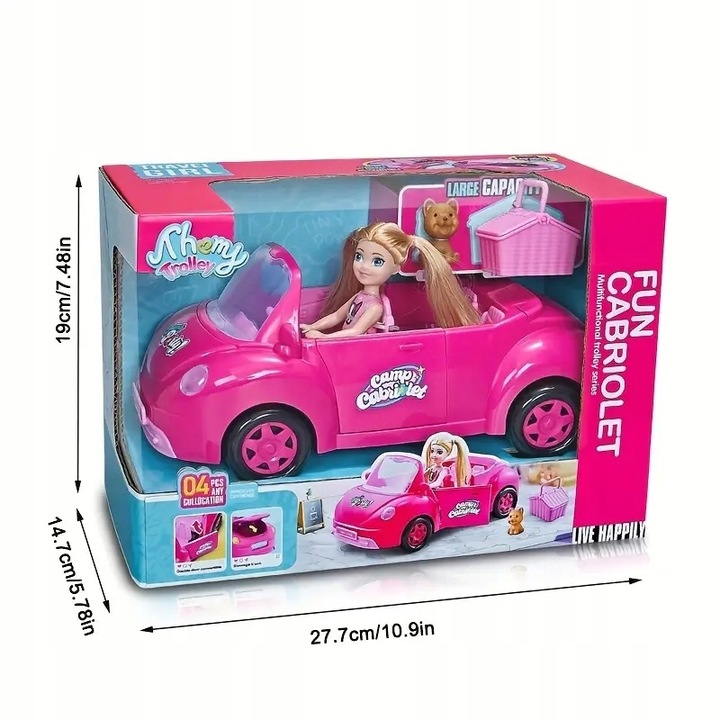 Lalka w samochodzie z pieskiem i koszykiem DLA DZIEWCZYN kabriolet prezent