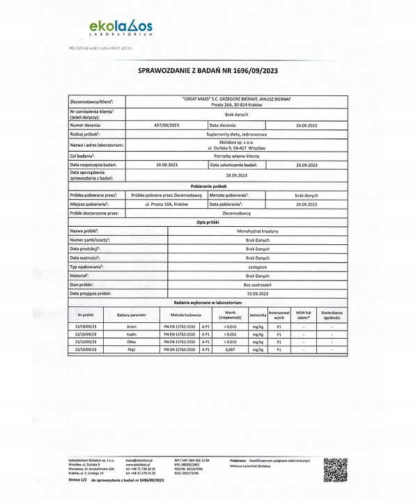 PURE CREATINE 500g KREATYNA MONOHYDRAT SIŁA MASA