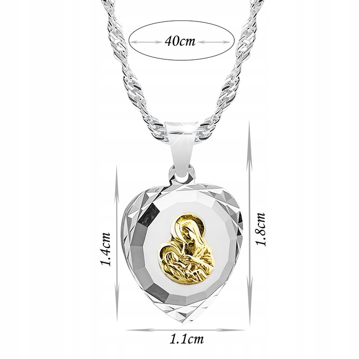 Srebrny łańcuszek 40cm Singapur i medalik serce MB Komunia Chrzest prezent