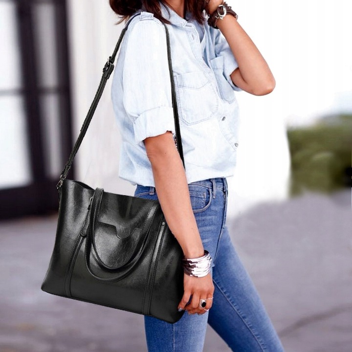 Torebka CZARNA Damska Miejska Pojemna Skóra Ekologiczna Duża A4 TORBA