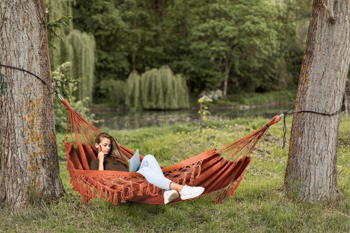 DUŻY DWUOSOBOWY MOCNY HAMAK OGRODOWY BOHO MAKRAMA MIDAS 150x200 XXL KARMEL