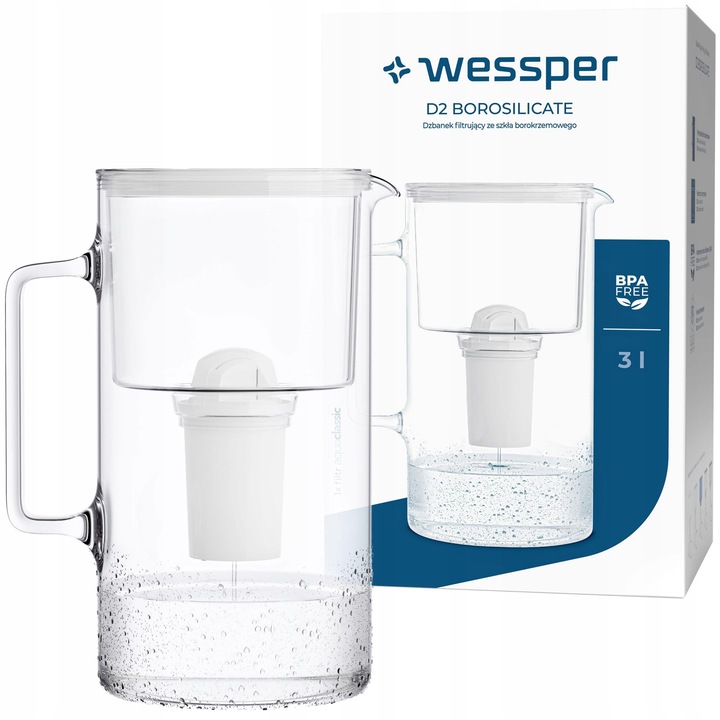Dzbanek filtrujący szklany Wessper 3l Biały + 1x Filtr aquaclassic