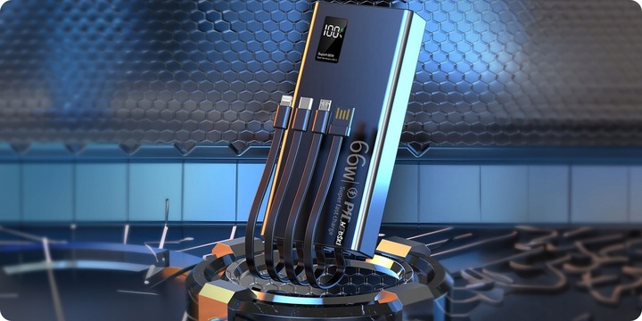 MOCNY POWERBANK 30000MAH 66W LATARKA LCD LED 4 USB USB-C + KABEL 3W1