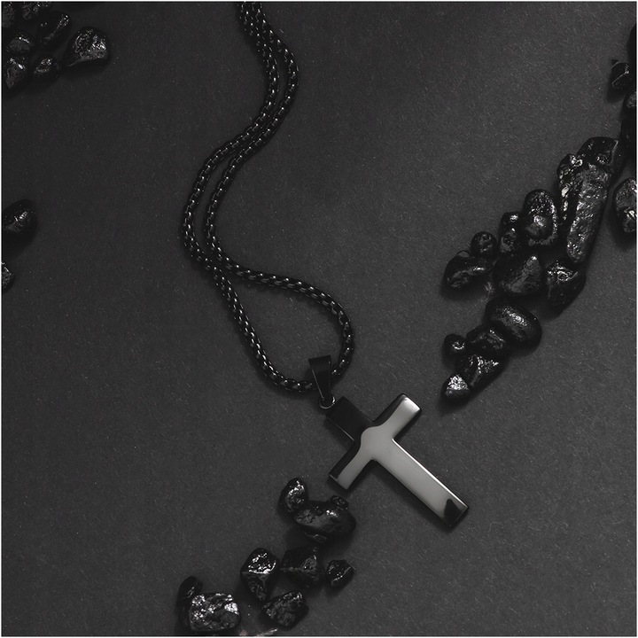 Naszyjnik z krzyżem męski stal chirurgiczna czarny splot grawer BLINGART
