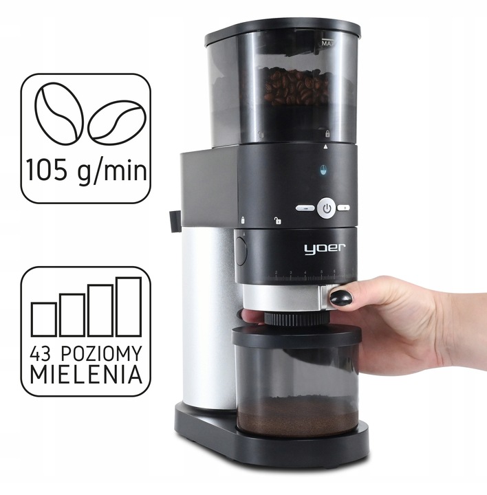 Elektryczny młynek kawy Żarnowy Yoer 150W AUTOMATYCZNY +43 Poziomy mielenia