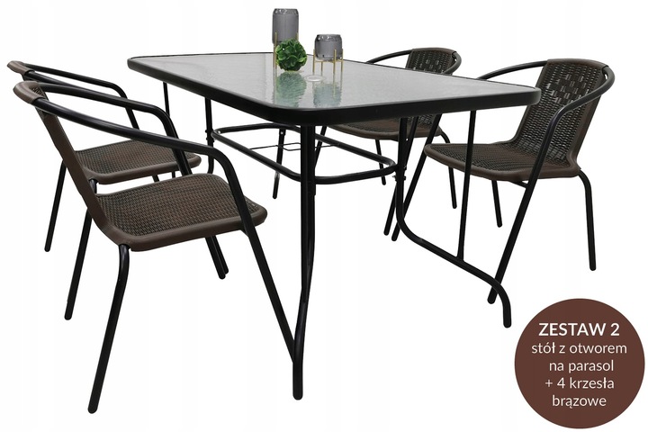 ZESTAW MEBLI OGRODOWYCH NA BALKON STÓŁ 120x70 +4x KRZESŁA LORETTO BRĄZ MIX
