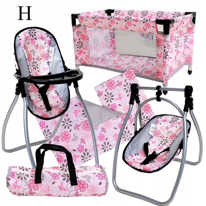 Zestaw dla lalek ŁÓŻECZKO + KRZESEŁKO do karmienia dla laki HUŚTAWKA 2w1