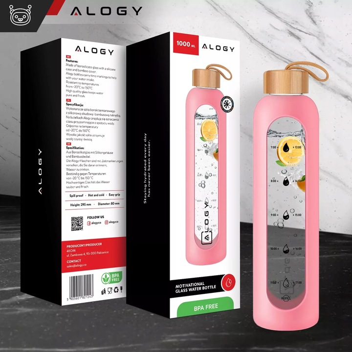 BUTELKA SZKLANA NA WODĘ BIDON MOTYWACYJNA SZCZELNA SILIKONOWE ETUI 1000 ML