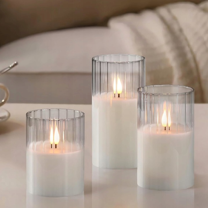 3 ŚWIECE ŚWIECZKI OZDOBNE LED SZKŁO DEKORACYJNE ŚWIĄTECZNE + PILOT