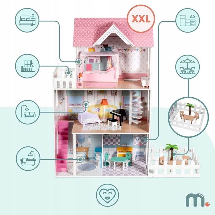 Duży Domek Dla Lalek XXL Drewniany Mebelki Do Zestawu Oświetlenie LED