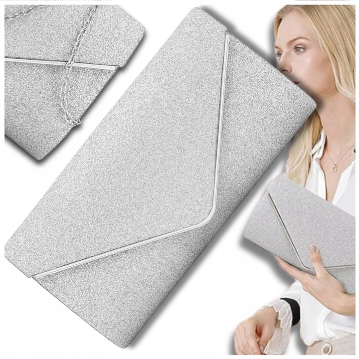 Srebrna Torebka Wieczorowa Kopertówka Wizytowa Błyszcząca Ślub Wesele bal